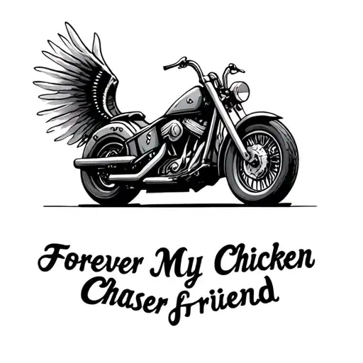Old School Norse Motorcycle With Text Saying, "Forever My Chicken Chaser friend" tattoo design idea