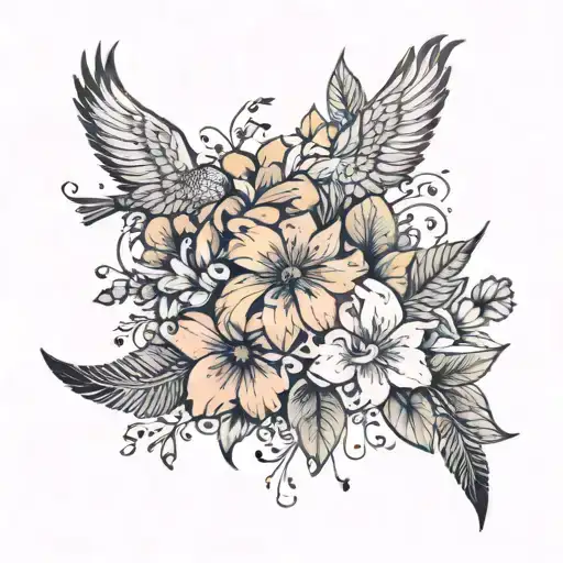 birth flowers intertwined with feather and birds flying tattoo design idea