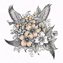birth flowers intertwined with feather and birds flying tattoo design idea