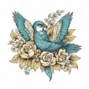 birth flowers intertwined with feather and birds flying tattoo design idea