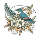 birth flowers intertwined with feather and birds flying tattoo design idea