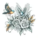 birth flowers intertwined with feather and birds flying tattoo design idea