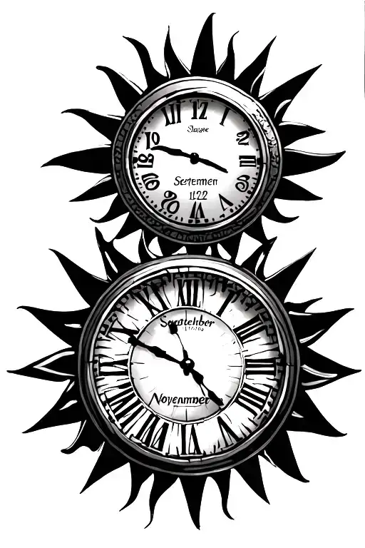 Create me a tattoo with 2 clocks for the dates September 12,1972 and November 29,1978 with sun rays around it tattoo design idea
