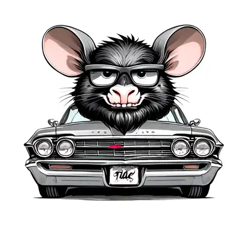 rat fink, driving a 67 impala, with beard and glasses tattoo design idea