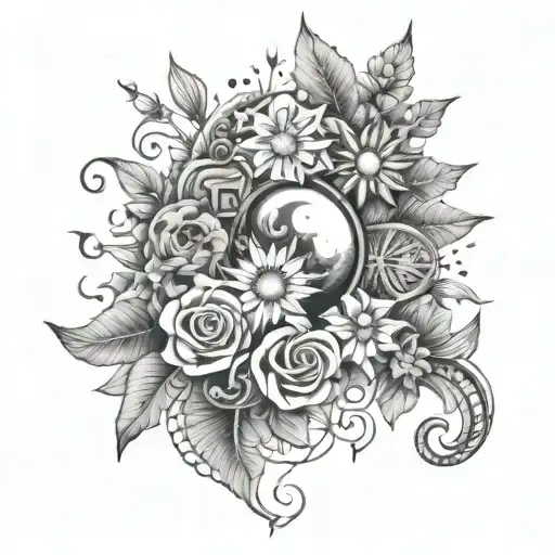 An inner thigh tattoo with flowers, suns, shells, and starfishes tattoo design idea