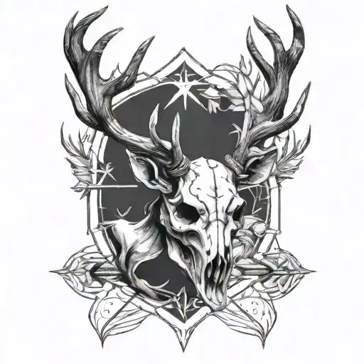A stylized blackwork tattoo of a deer skull with antlers intertwined with hunting arrows tattoo design idea