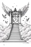 stairs going up to the gates of heaven with doves flying around in the clouds and a roman numeral clock not on the gates tattoo design idea