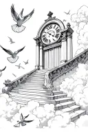 stairs going up to the gates of heaven with doves flying around in the clouds and a roman numeral clock not on the gates tattoo design idea