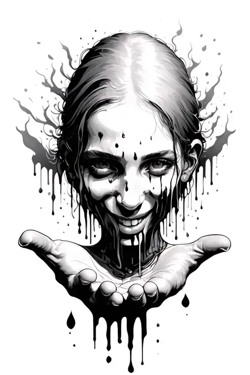 face melting into open hands tattoo design idea