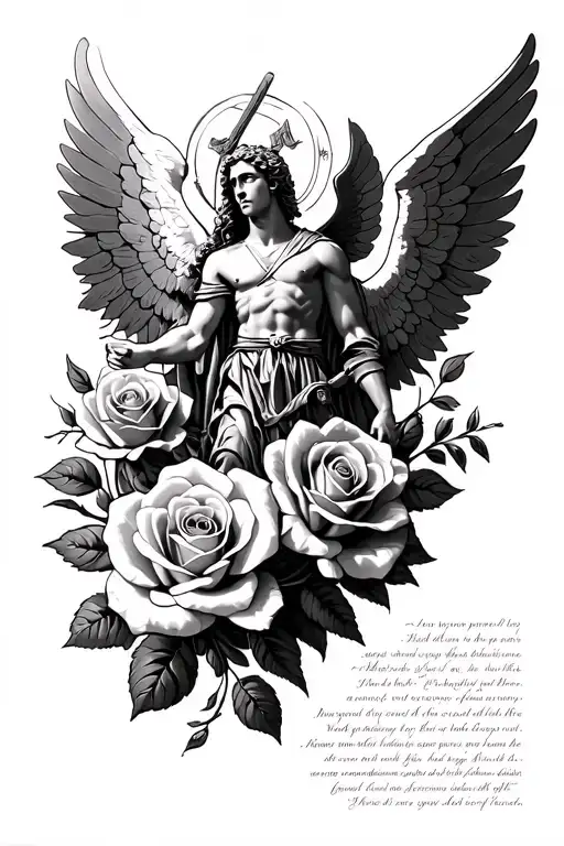 st michael archangel slaying satin, warrior scripture, roses tattoo design idea