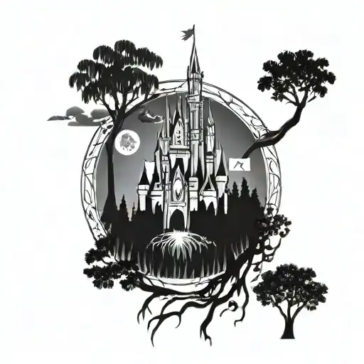 outline of cinderella's castle, spaceship earth, tree of life and tower of terror in a line if it was painted with paint tattoo design idea