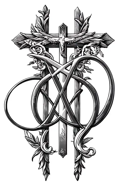 Cross and crucifix Ichthys Alpha and Omega Staurogram Chi Rho IH monogram IX tattoo design idea