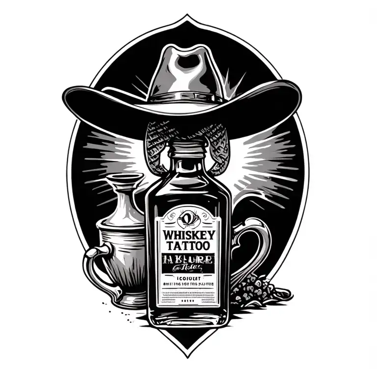 whiskey bottle and cowboy hat with spittoon  tattoo design idea