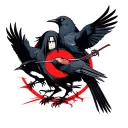 Based on Itachi from naruto's character animation, make a tattoo in Anime Style. It must to contains Itachi and crows tattoo design idea