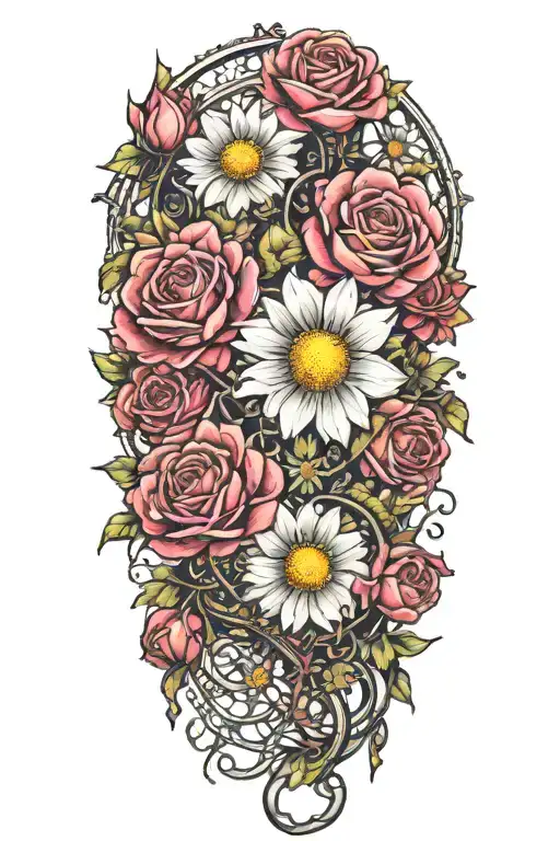 An intricate tattoo with a chain of daisys cosmos flowers and roses tattoo design idea