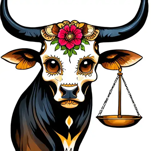 feminine bull with sugar skull markings, brown eyes and two Libra scales and dark background tattoo design idea