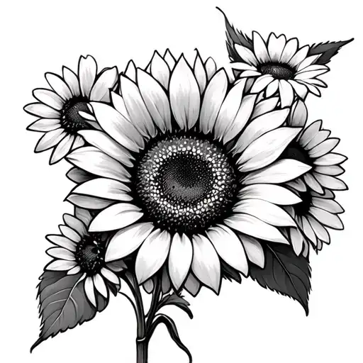black and white sunflower and daisy bouquet tattoo design idea