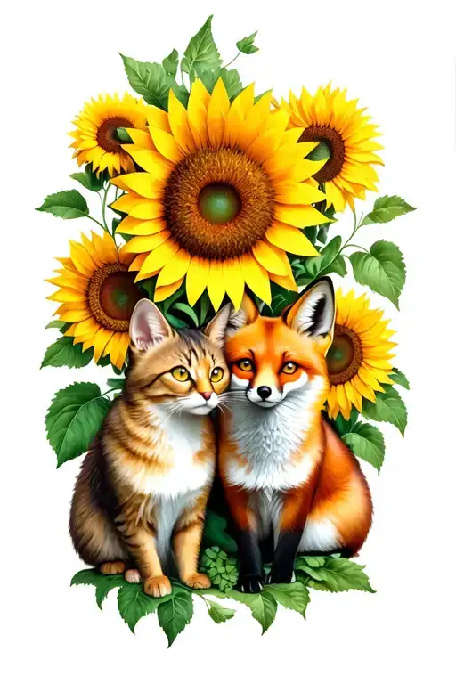 cat and fox sitting under sunflower tattoo design idea