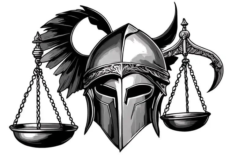Scale of justice with spartan helmet design, with the concept of peace & war on the scale tattoo design idea