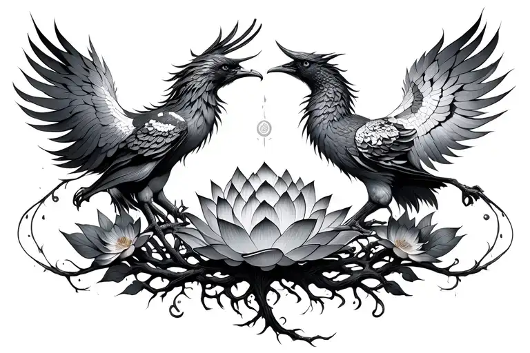 phoenixes rebirth lotus flowers awakening and tree of life  tattoo design idea