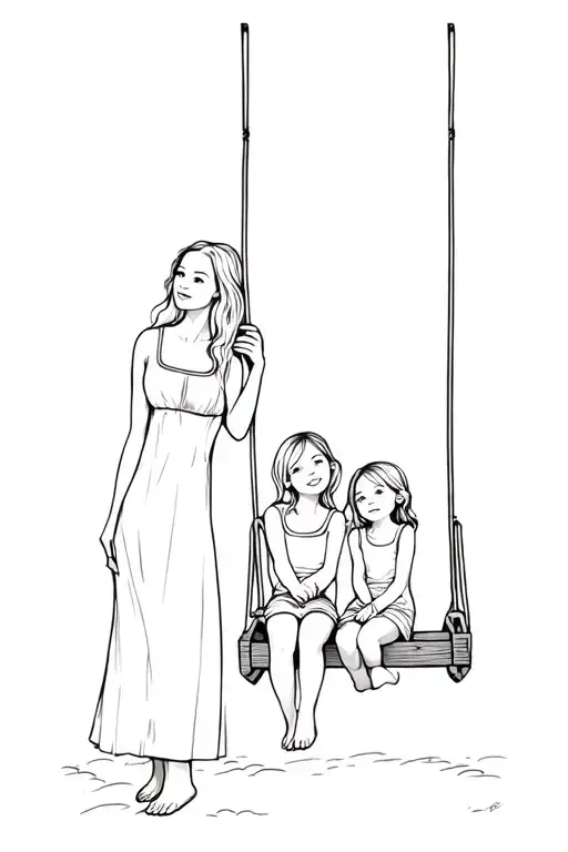 black and white tattoo, a woman stands next to a swing on which two little girls are sitting and swinging tattoo design idea
