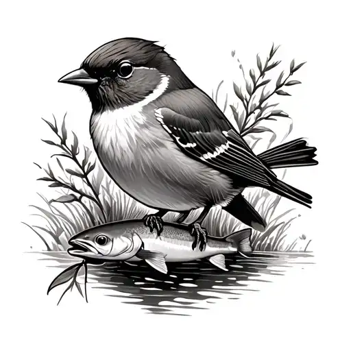 a cutthroat trout and robin perched tattoo design idea