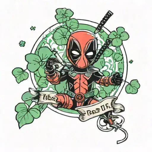 mini Deadpool holds a black four-leaf clover in his hand, and in the other the inscription "esse quam videri" tattoo design idea