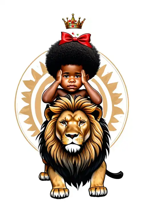 African America boy with Afro bow sitting on a lion with his hands on his cheeks and a crown on his head  tattoo design idea