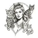 minimalistic goddess Freya looking like a human with cats tattoo design idea