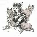 minimalistic goddess Freya looking like a human with cats tattoo design idea