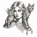 minimalistic goddess Freya looking like a human with cats tattoo design idea