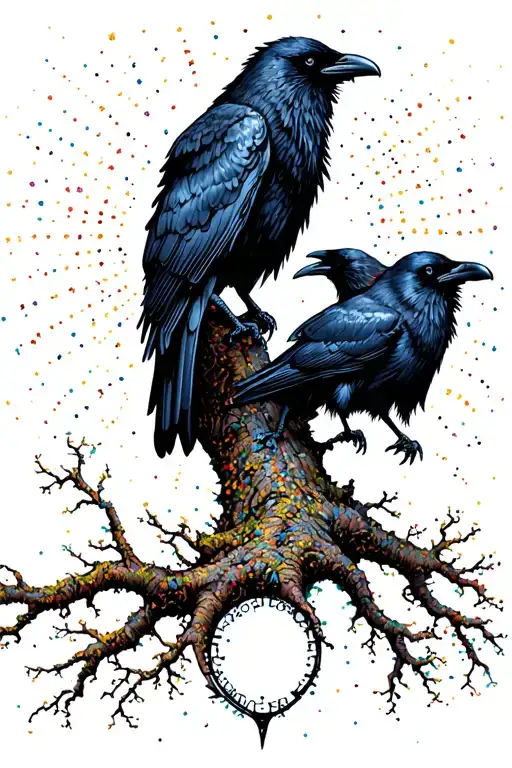 Odin's ravens perched in the tree of life with colour in the tree tattoo design idea