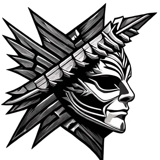 black and white tattoo: arrow head design as frame and inside the frame there is türkish kipchak mask tattoo design idea