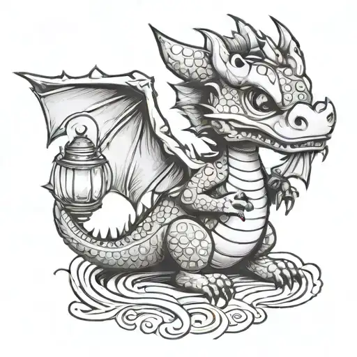 cute baby dragon with japanese lantern tattoo design idea