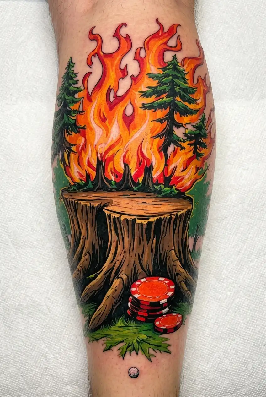 forest fire,  poker chips, golf disc tree stumps tattoo design idea