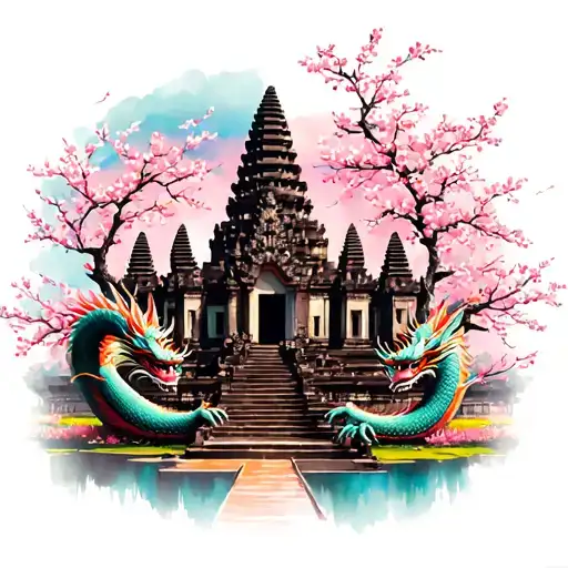 angkor wat temple with cherry blossom and dragon  tattoo design idea