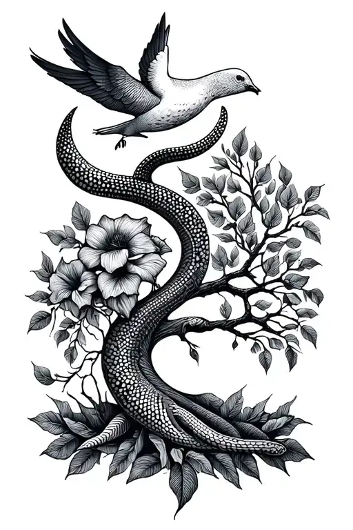 dotwork tattoo, fine line, snake wrapping tree, crescent moon, dove, iris flower, a tree on ankle,  tattoo design idea