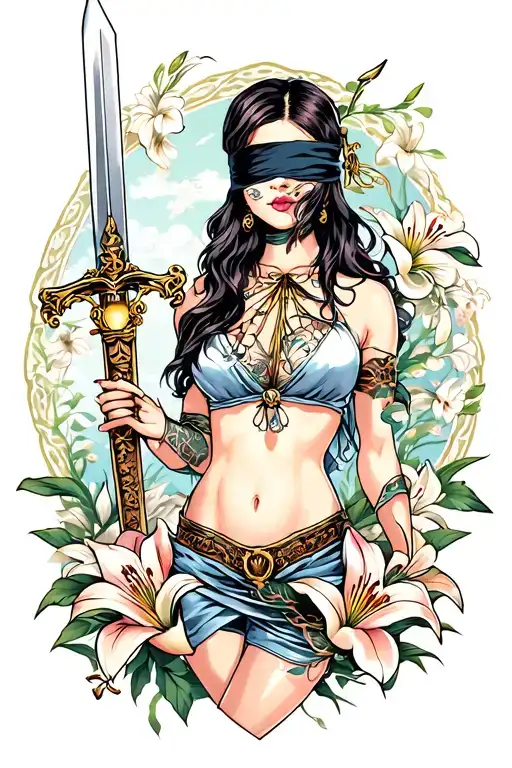 Tattoo of blindfolded lady holding sword (right hand) and scales (left hand), with lily flowers background tattoo design idea