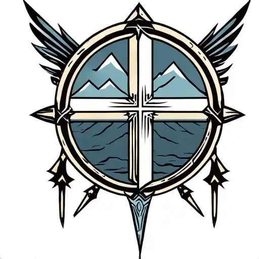 spartan round  shield with cross and mountains inside  tattoo design idea