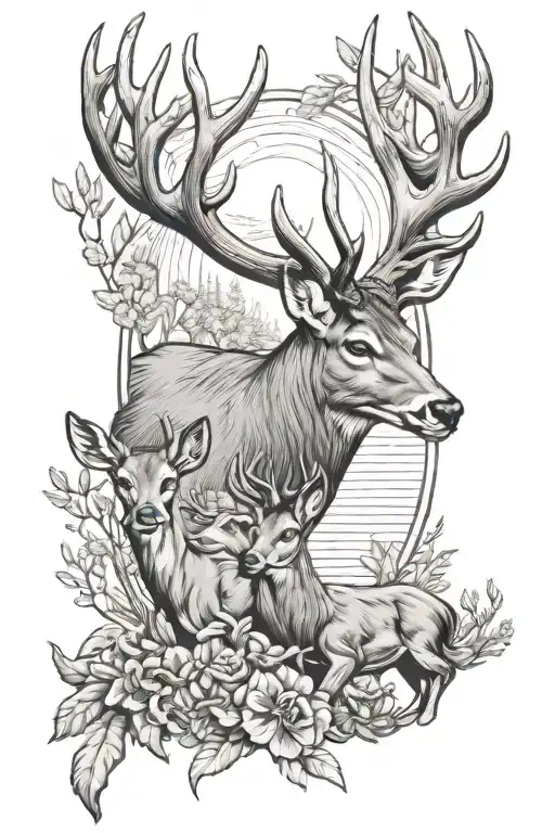outdoor theme buck with small buck and doe representing dad and kids  tattoo design idea