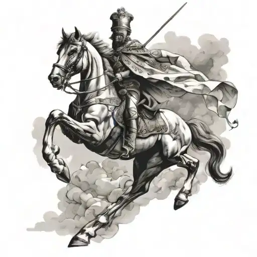 I want a Saint George tattoo on a horse riding into heaven with the pyramids below him tattoo design idea