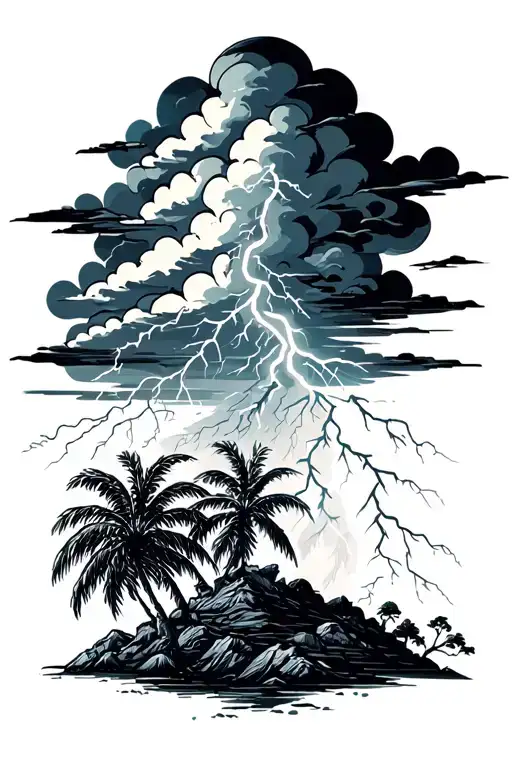dark clouds wiht lightning and palm tress tattoo design idea