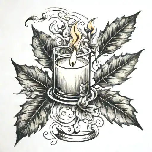 autumn leaves swirling around a burning candle tattoo design idea