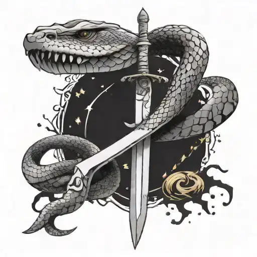 Goldryn sword, a snake, as well as some celestial elements (stars, etc.), water droplets, and scattered pages. tattoo design idea