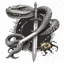 Goldryn sword, a snake, as well as some celestial elements (stars, etc.), water droplets, and scattered pages. tattoo design idea