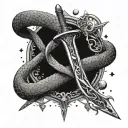 Goldryn sword, a snake, as well as some celestial elements (stars, etc.), water droplets, and scattered pages. tattoo design idea