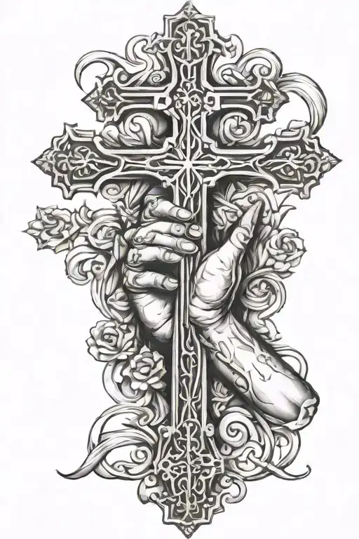 religious cross with hands holding tattoo design idea