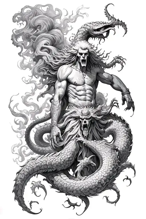 a menacing depiction of Hades, Greek god of the underworld and a hydra with smoke and traditional greek style gap filler tattoo design idea