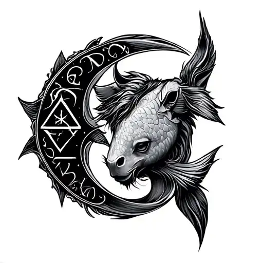 zodiac signs sagittarius and pisces sign intertwined tattoo design idea