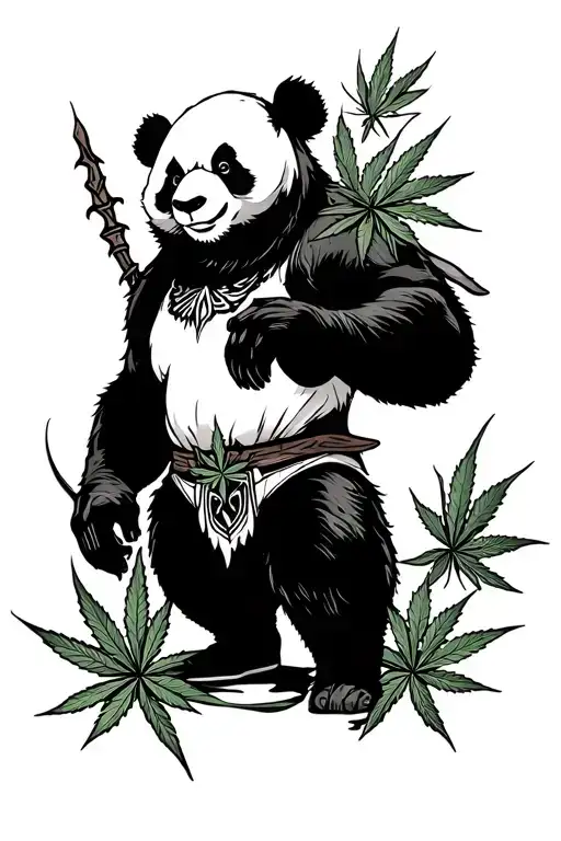 panda warrior with marijuana leaves tattoo design idea